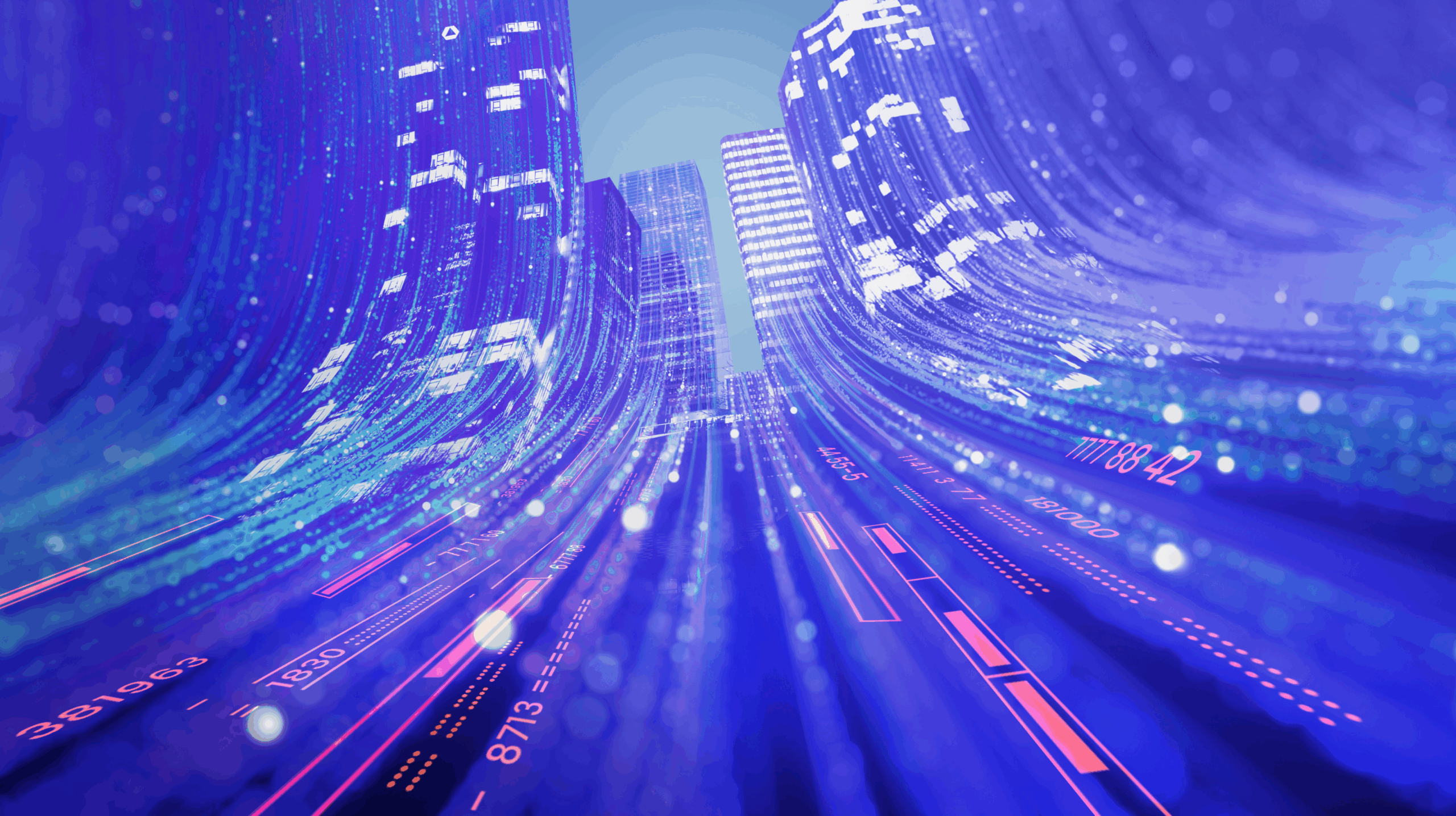 Abstract data streams and code flowing from both sides into a central gap, converging into a futuristic city skyline – symbolizing digital transformation and system integration.