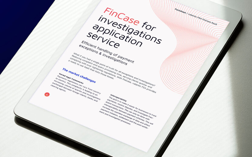 White tablet showing the title page of the FinCase SaaS factsheet, positioned on a white table with natural light and shadow